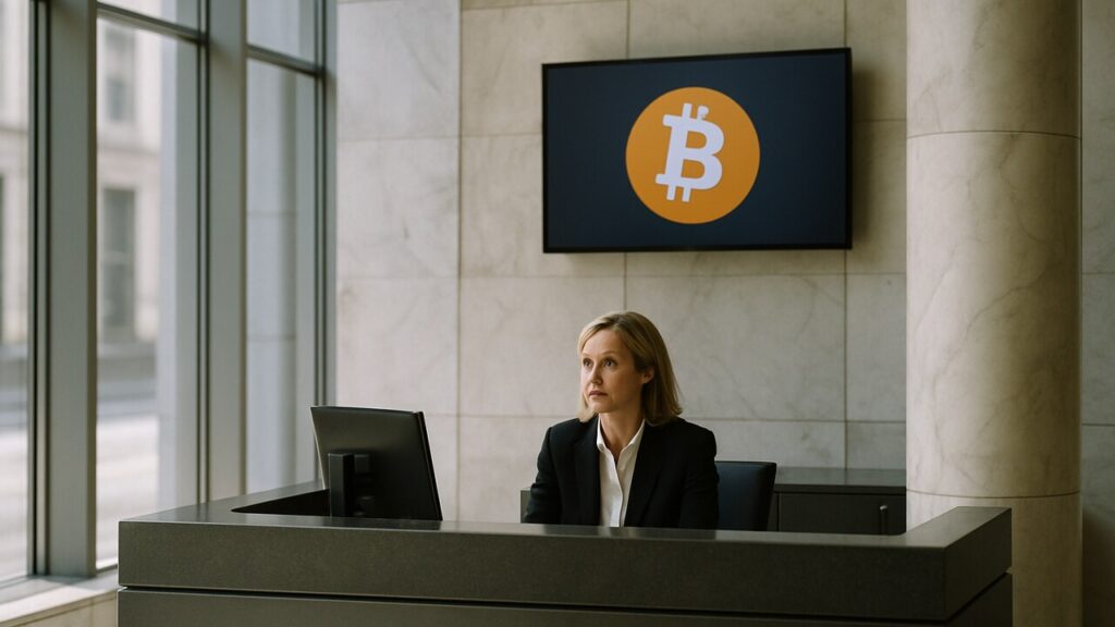 Lobby van een modern bankgebouw met een Bitcoin-logo op een scherm aan de muur