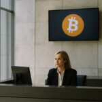 Lobby van een modern bankgebouw met een Bitcoin-logo op een scherm aan de muur