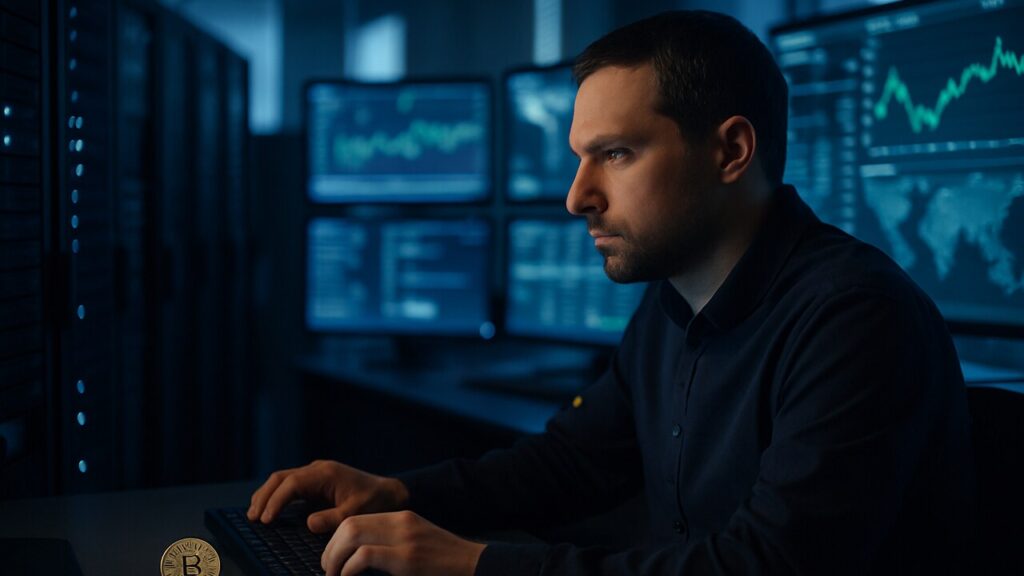 Beveiligingscentrum met serverracks en schermen, met een kleine Bitcoin-munt op een bureau