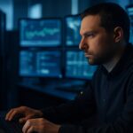 Beveiligingscentrum met serverracks en schermen, met een kleine Bitcoin-munt op een bureau