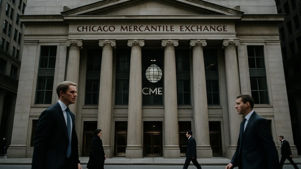 Het gebouw van de CME-termijnbeurs in Chicago op een bewolkte middag met passanten op straat