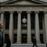 Het gebouw van de CME-termijnbeurs in Chicago op een bewolkte middag met passanten op straat