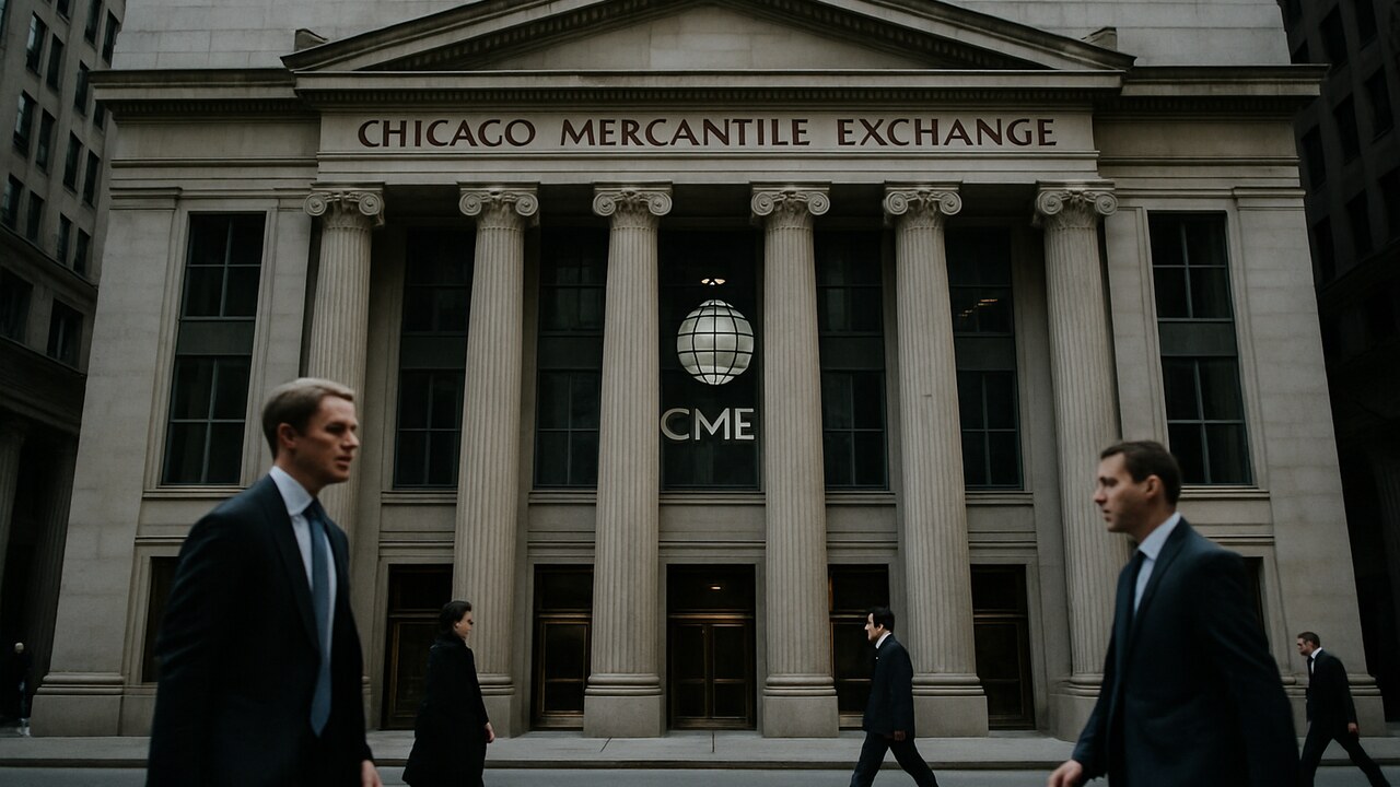 Het gebouw van de CME-termijnbeurs in Chicago op een bewolkte middag met passanten op straat
