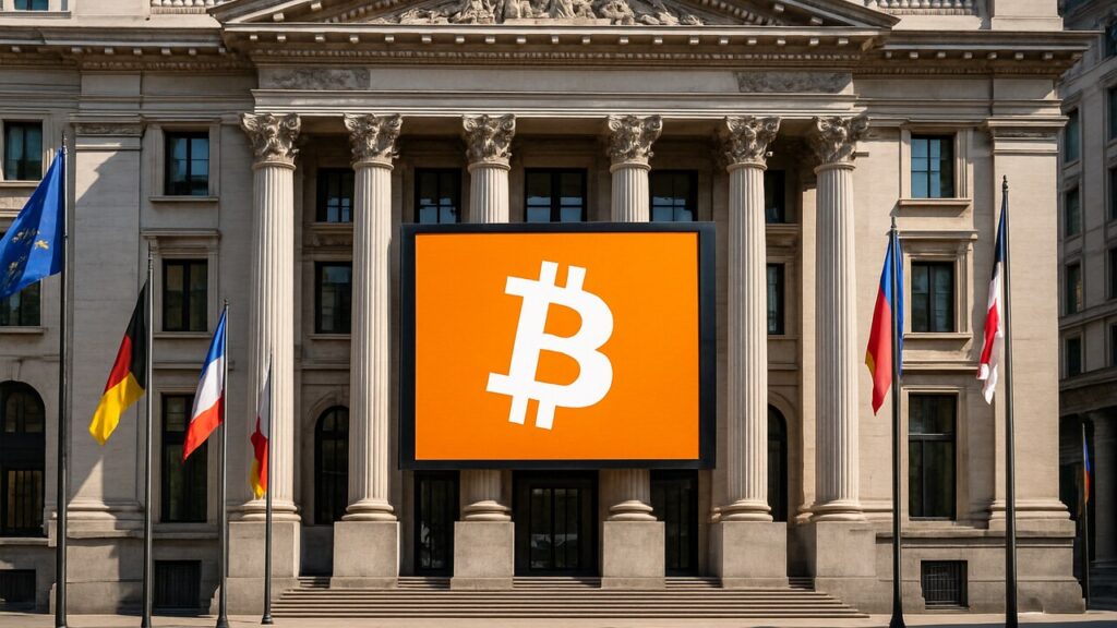 Beursgebouw van buiten met groot Bitcoin-logo op een banner en meerdere nationale vlaggen, symbool voor wereldwijde ETF-vraag