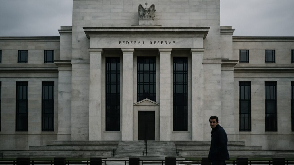 Het gebouw van de Amerikaanse Federal Reserve onder bewolkte hemel, symbool voor het rentebeleid dat de Bitcoin koers raakt