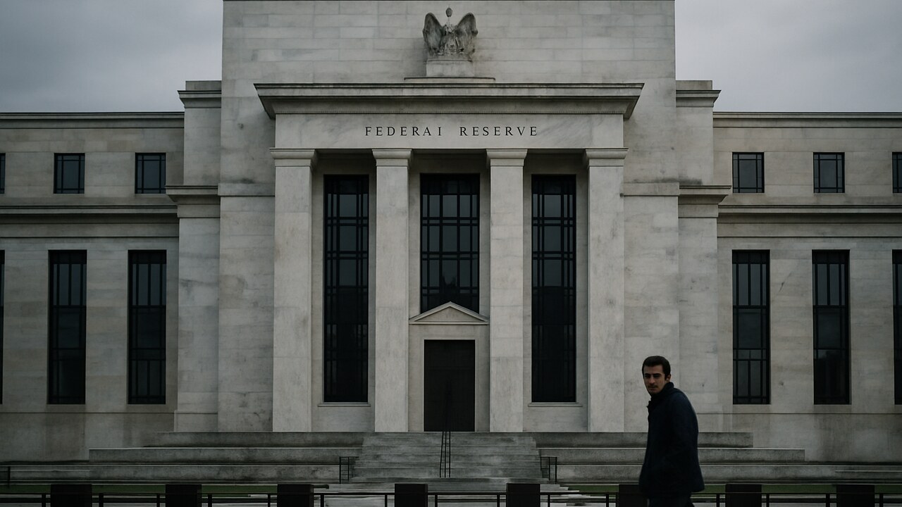 Het gebouw van de Amerikaanse Federal Reserve onder bewolkte hemel, symbool voor het rentebeleid dat de Bitcoin koers raakt