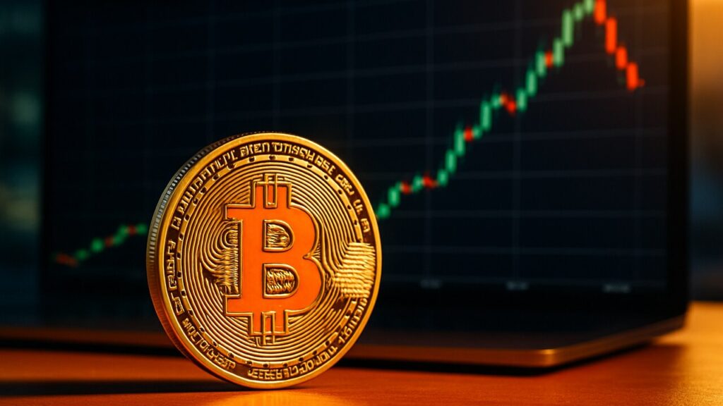 Fysieke Bitcoin-munt voor een scherm met een grafiek die na een groene stijging omslaat naar rood
