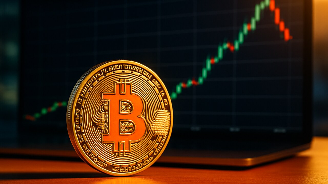 Fysieke Bitcoin-munt voor een scherm met een grafiek die na een groene stijging omslaat naar rood