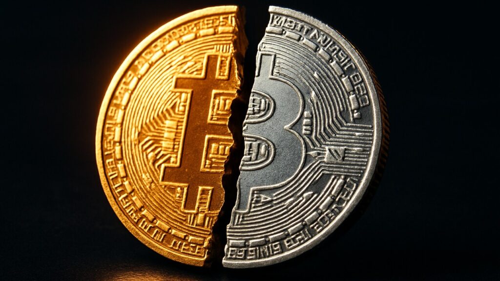 Een fysieke Bitcoin-munt die in tweeen splitst, als beeld voor de ECX-hardfork
