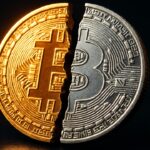 Een fysieke Bitcoin-munt die in tweeen splitst, als beeld voor de ECX-hardfork