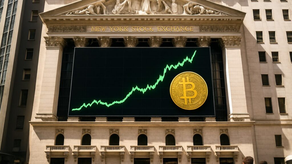 Beursgebouw aan Wall Street met een groot digitaal scherm dat een stijgende groene Bitcoin-grafiek toont