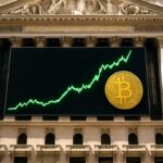 Beursgebouw aan Wall Street met een groot digitaal scherm dat een stijgende groene Bitcoin-grafiek toont