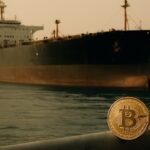 Olietanker in de Straat van Hormuz met op de voorgrond een fysieke Bitcoin-munt op een reling