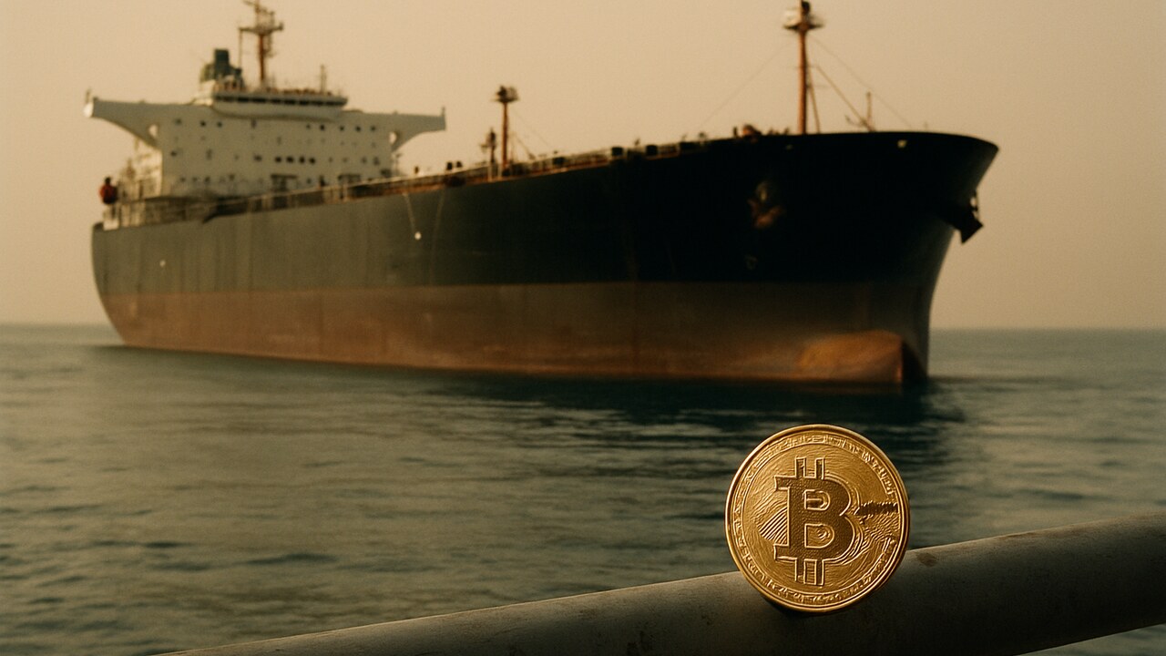 Olietanker in de Straat van Hormuz met op de voorgrond een fysieke Bitcoin-munt op een reling