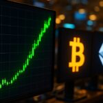 Steil stijgende groene koersgrafiek op een scherm met het Bitcoin- en Ethereum-logo