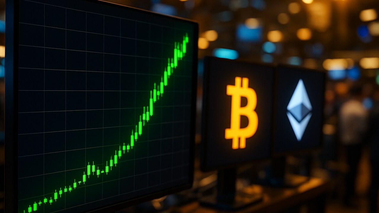 Steil stijgende groene koersgrafiek op een scherm met het Bitcoin- en Ethereum-logo
