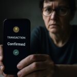 Vrouw kijkt bezorgd naar een Bitcoinwallet op haar telefoon aan de keukentafel