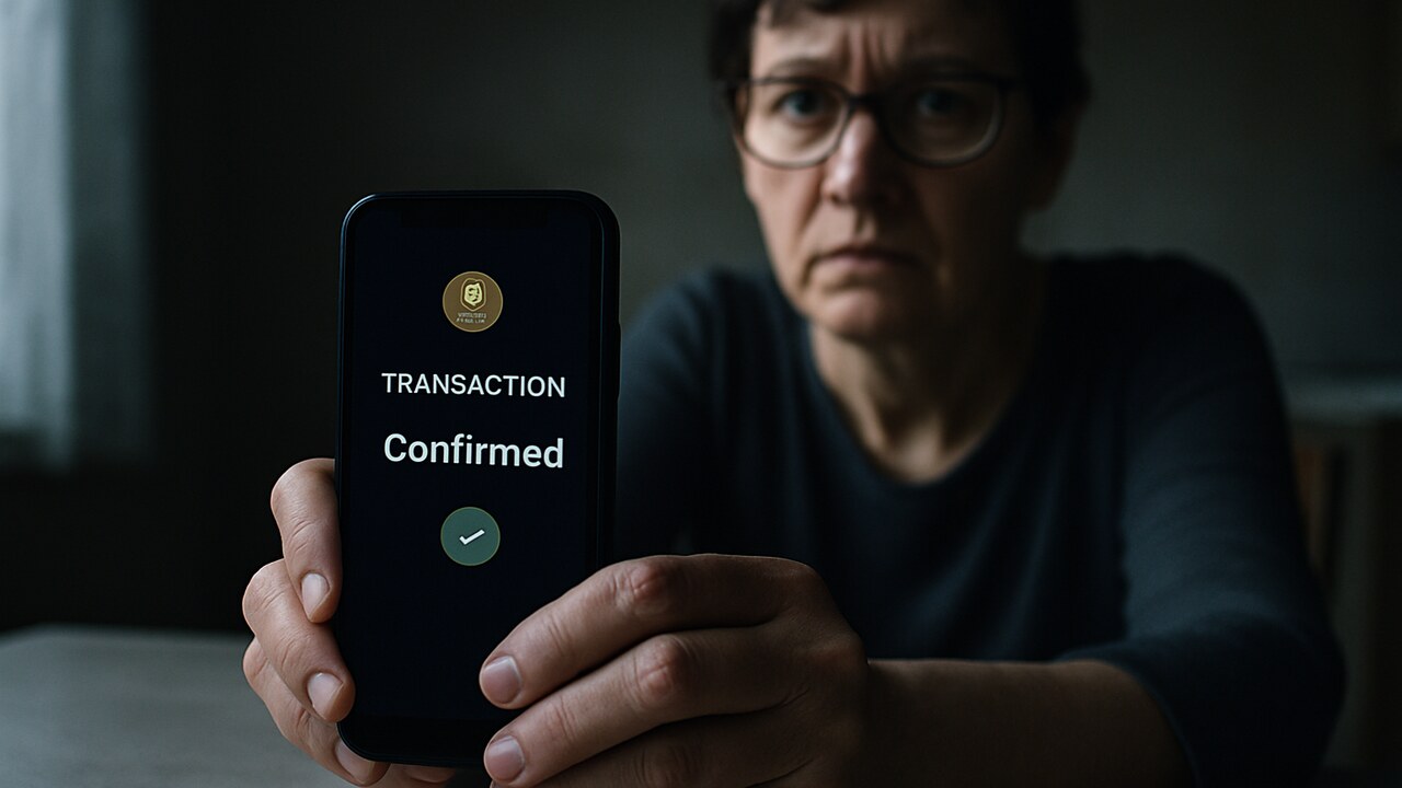 Vrouw kijkt bezorgd naar een Bitcoinwallet op haar telefoon aan de keukentafel