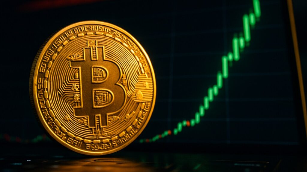 Fysieke Bitcoin-munt voor een beursscherm met een stijgende groene grafiek en een dichte weerstandszone erboven