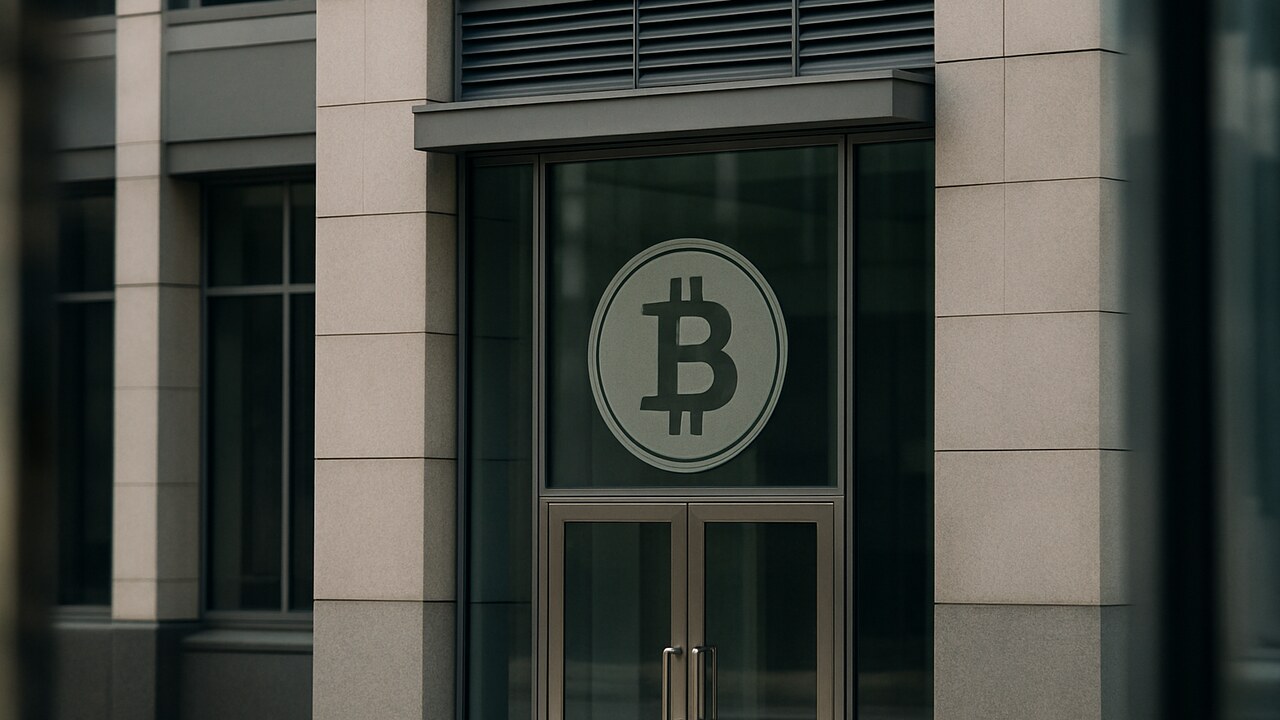 Modern kantoorgebouw met een Bitcoin-logo op een glazen entree, symbool voor grote institutionele houders