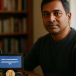 Iemand draait thuis een eigen Bitcoin-node op een klein apparaatje met synchronisatiescherm op een houten bureau.