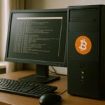 Een thuiscomputer die een Bitcoin-node draait, met een Bitcoin-logo op de behuizing en een terminalvenster op het scherm