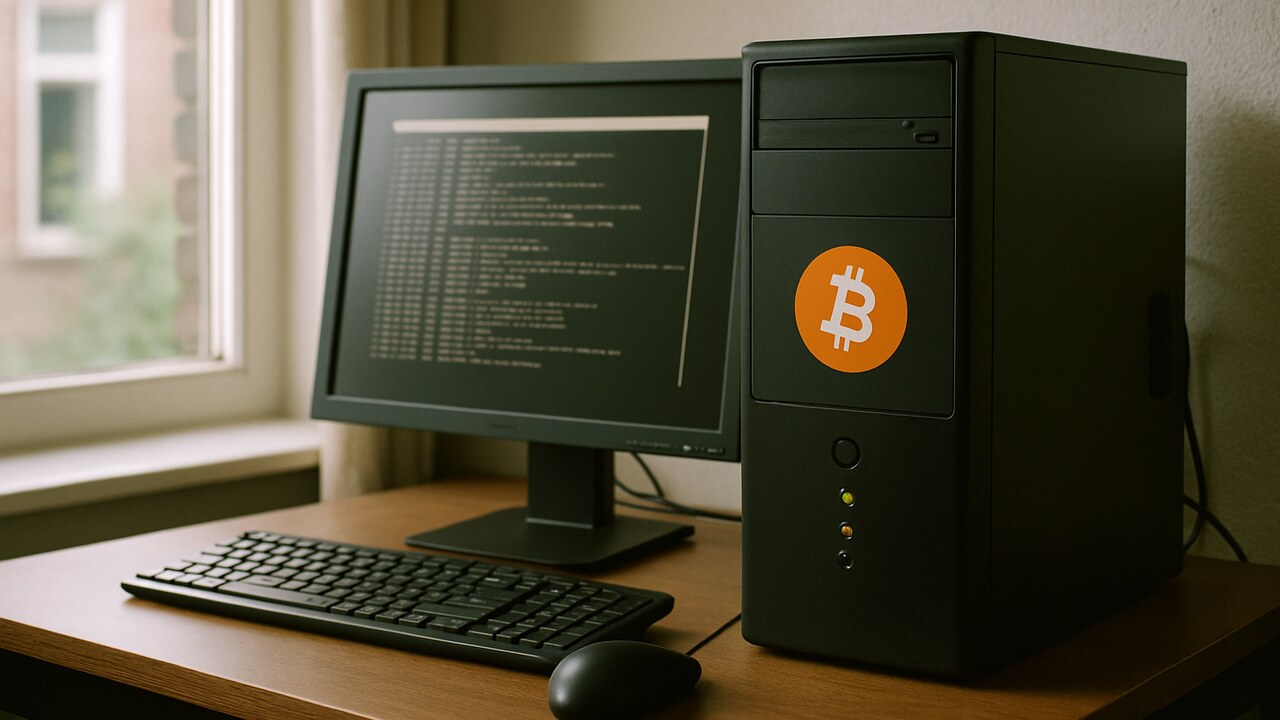 Een thuiscomputer die een Bitcoin-node draait, met een Bitcoin-logo op de behuizing en een terminalvenster op het scherm