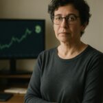 Vrouw met bril in thuiskantoor kijkt naar de camera, op de achtergrond een groene stijgende Bitcoin-grafiek op een scherm