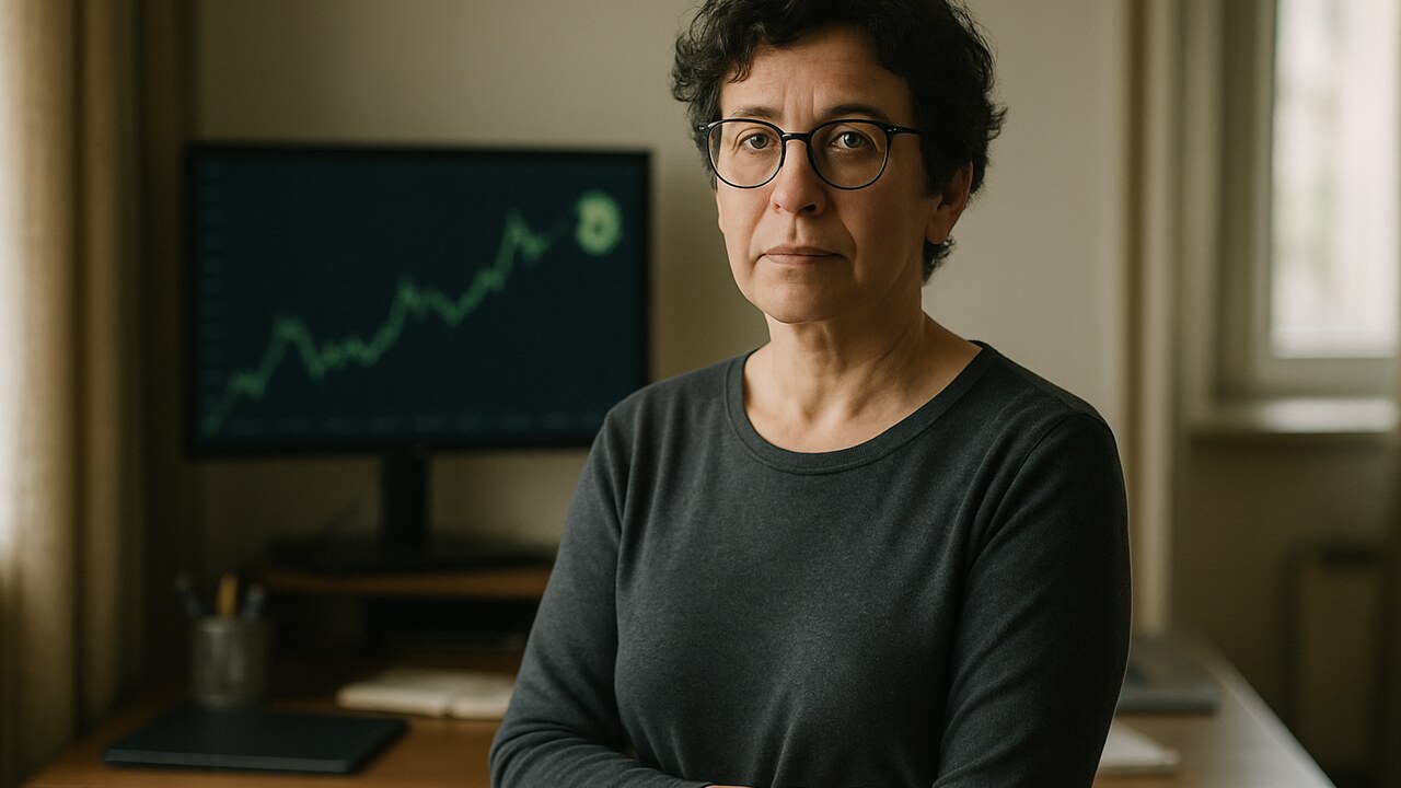 Vrouw met bril in thuiskantoor kijkt naar de camera, op de achtergrond een groene stijgende Bitcoin-grafiek op een scherm