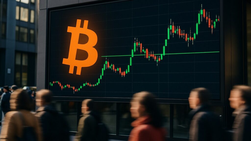 Groot buitenscherm met een Bitcoin-koersgrafiek en het oranje Bitcoin-logo op een gevel in de stad