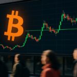 Groot buitenscherm met een Bitcoin-koersgrafiek en het oranje Bitcoin-logo op een gevel in de stad