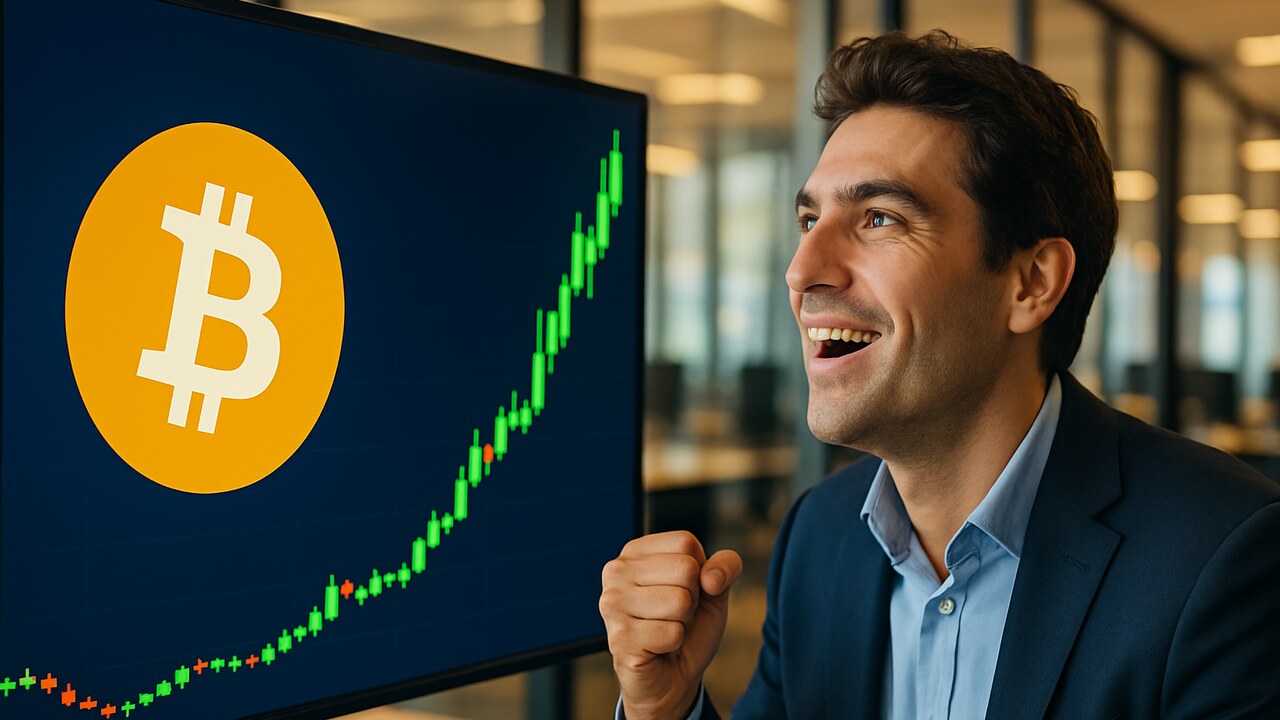 Steil stijgende groene Bitcoin koersgrafiek op een beeldscherm met een enthousiaste handelaar