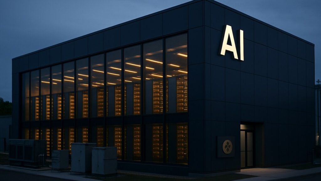 Een groot AI-datacenter bij schemering met serverrijen achter glas en een klein Bitcoin-logo bij de ingang