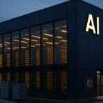 Een groot AI-datacenter bij schemering met serverrijen achter glas en een klein Bitcoin-logo bij de ingang