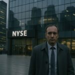 Zakelijk persoon loopt bij schemering door een Amerikaans financieel district met glazen kantoortorens