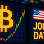 Bitcoin-symbool op een beursscherm naast een koersgrafiek en Amerikaanse banencijfers