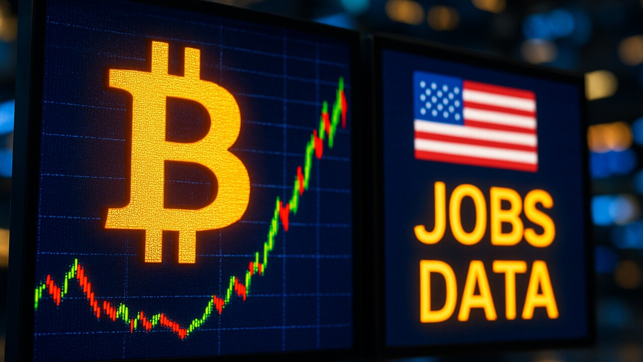 Bitcoin-symbool op een beursscherm naast een koersgrafiek en Amerikaanse banencijfers