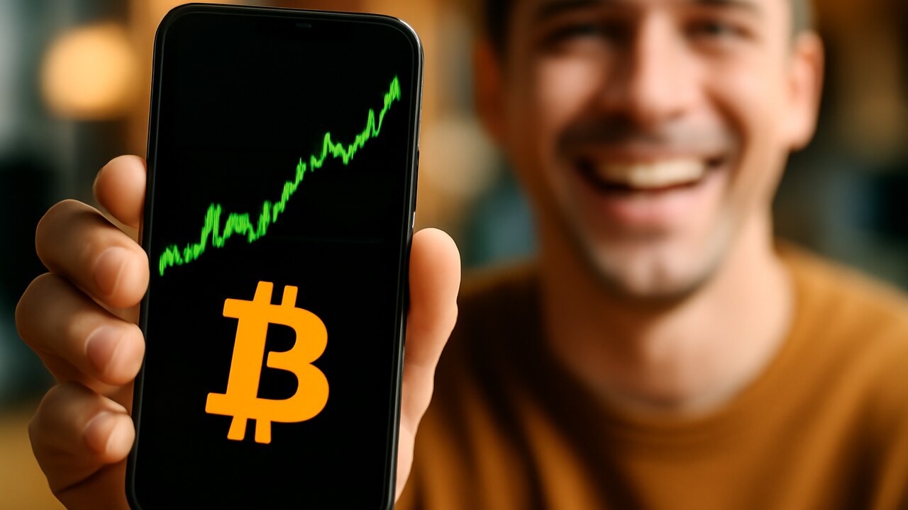 Smartphone toont een stijgende groene Bitcoin-koersgrafiek met het oranje Bitcoin-logo