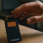 Een Coldcard-hardwarewallet op een bureau met een aarzelende hand erboven, symbool voor het aanhoudende lek