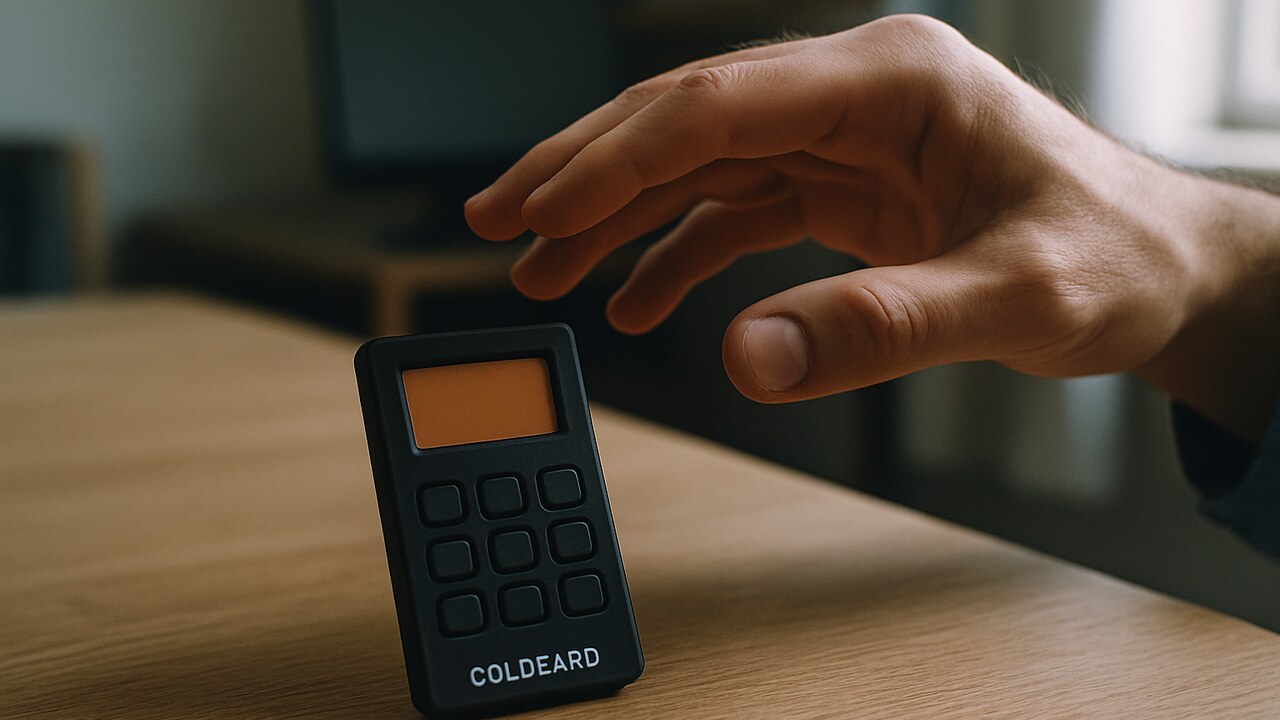 Een Coldcard-hardwarewallet op een bureau met een aarzelende hand erboven, symbool voor het aanhoudende lek