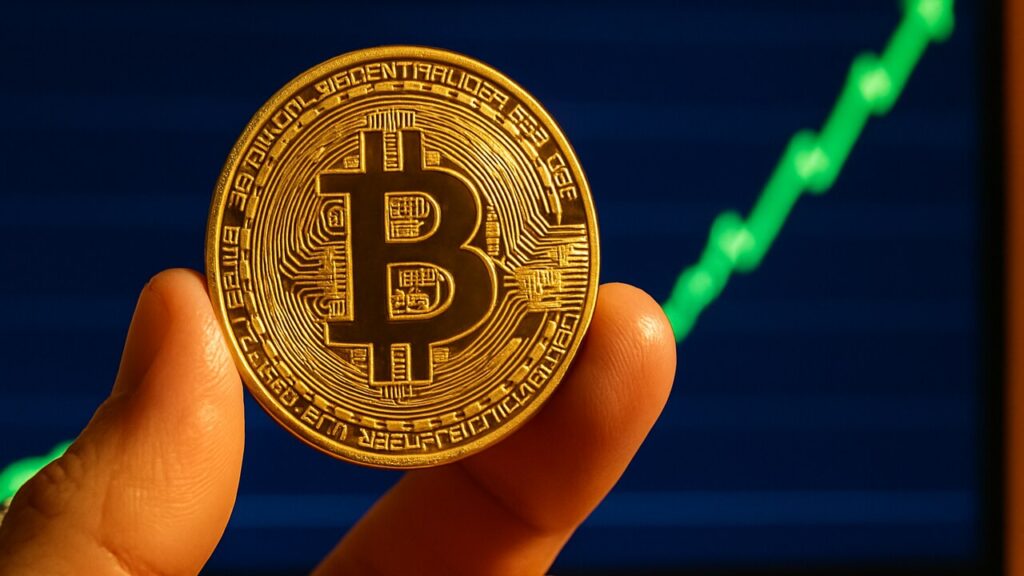Fysieke Bitcoin-munt voor een scherm met een stijgende groene koersgrafiek