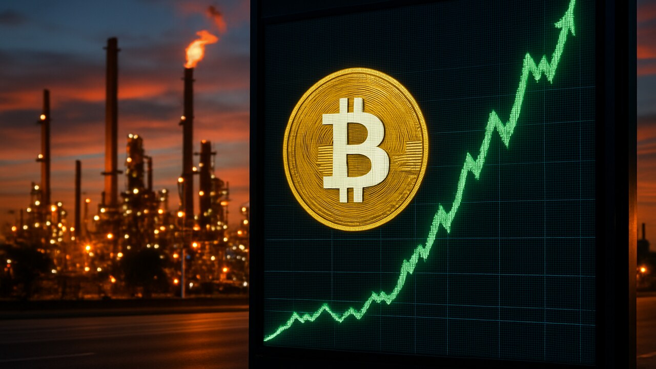 Bitcoin-koersbord met stijgende groene grafiek voor een olieraffinaderij, symbool voor Bitcoin dat standhoudt bij stijgende olieprijzen