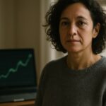 Vrouw in thuiskantoor kijkt rustig naar de camera met op de achtergrond een groene Bitcoin-koersgrafiek op een laptop