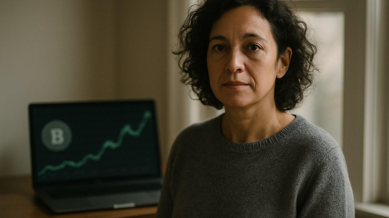 Vrouw in thuiskantoor kijkt rustig naar de camera met op de achtergrond een groene Bitcoin-koersgrafiek op een laptop