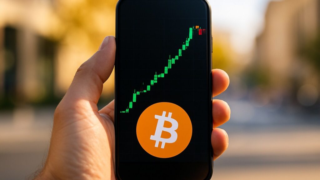 Smartphone toont een steil gestegen Bitcoin koersgrafiek die aan de top afvlakt met een kleine rode correctie