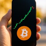 Smartphone toont een steil gestegen Bitcoin koersgrafiek die aan de top afvlakt met een kleine rode correctie