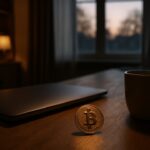 Een fysieke Bitcoin-munt op een houten bureau naast een dichtgeklapte laptop in een rustig kantoor bij avondlicht