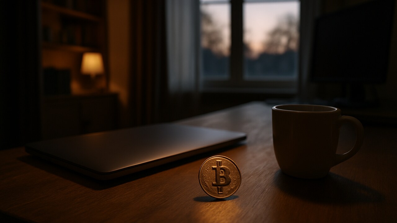Een fysieke Bitcoin-munt op een houten bureau naast een dichtgeklapte laptop in een rustig kantoor bij avondlicht