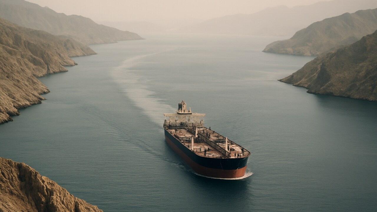 Een olietanker vaart door de smalle Straat van Hormuz tussen rotsachtige kusten