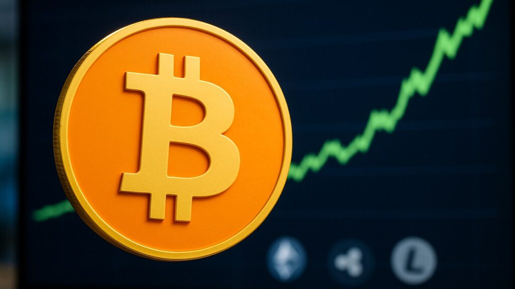 Bitcoin-symbool prominent in beeld met een stijgende groene grafiek en achterblijvende altcoins
